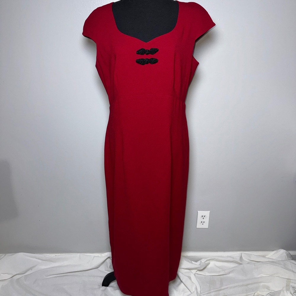 Carole Little Red Maxi Dress Beaded Frog Closure Cap Sleeve Vintage Sz 14 Classy